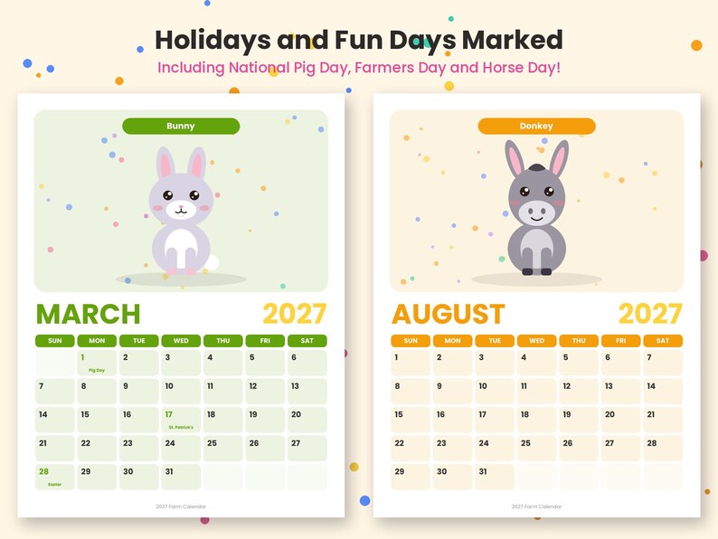 Fun March Lettering 2027 Farm Animals Calendar Printable, Cute Barnyard Monthly Calendar ...