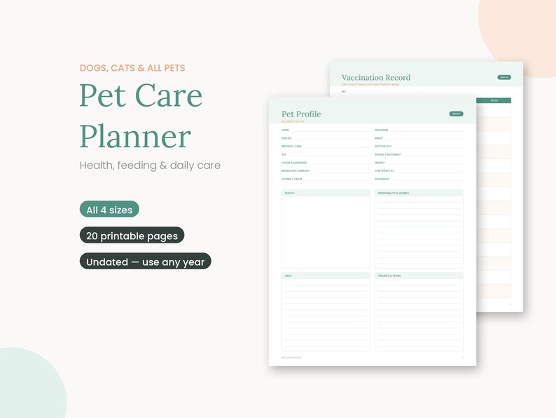 Pet Care Planner Bundle | Dog, Cat, Vet Log, Sitter Sheet (PDF Download ...