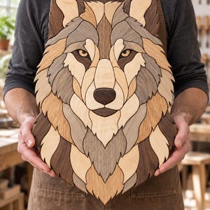 Può includere: Un'opera d'arte da parete realizzata con molteplici pezzi di legno in varie tonalità naturali, che forma un mosaico dettagliato di una testa di lupo. Il design presenta segmenti di legno chiaro, medio e marrone scuro disposti per creare il volto.