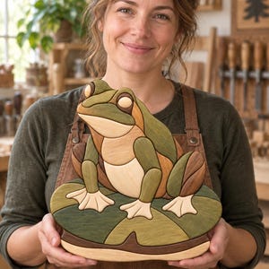 May include: A handcrafted wooden frog figurine composed of multiple interlocking pieces in various shades of green, brown, and cream. The frog is depicted sitting on a stylized lily pad base, showcasing smooth, polished wood grain textures throughout.