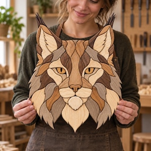 Peut inclure: Une décoration murale représentant une tête de lynx stylisée, fabriquée à partir de différentes nuances de bois naturel. Le design en mosaïque met en valeur des motifs de grain complexes dans des tons brun clair, moyen et foncé.