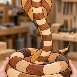 May include: A decorative wooden cobra sculpture crafted from multiple pieces of light, medium, and dark-toned wood. The snake is depicted in an upright, coiled position with its hood flared, showcasing a smooth, segmented, and polished finish.
