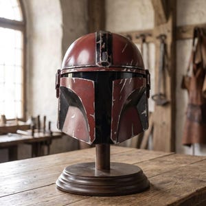 May include: A weathered red and black helmet with a T-shaped visor, featuring a distressed paint finish with visible scratches and scuffs. The helmet is mounted on a circular wooden stand with a central vertical post, displaying a classic design.
