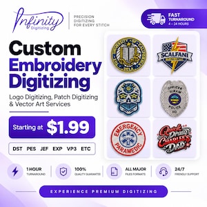 May include: A promotional graphic for custom embroidery digitizing services featuring the text Infinity Digitizing, Custom Embroidery Digitizing, and examples of six embroidered patches including a UCLA logo, a lightning bolt, a skull, and a badge.