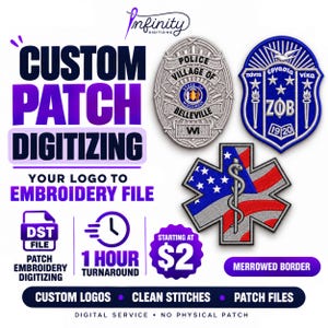 May include: A digital service advertisement for custom patch digitizing featuring three embroidered patch examples: a silver police badge, a blue and white ZΦB crest, and a star of life emblem with an American flag pattern and a medical staff.