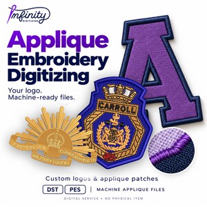 May include: A digital graphic displaying Applique Embroidery Digitizing text, a purple letter A patch, a gold Australian Commonwealth Military Forces emblem, a blue Carroll crest patch, and a close-up of purple and navy blue embroidery stitching.