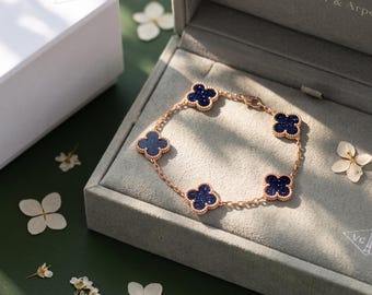 Van Cleef Navy Glitter Clover Bracelet, Gold Rose Silver Plated Jewelry, Dainty Birthday Gift for Her