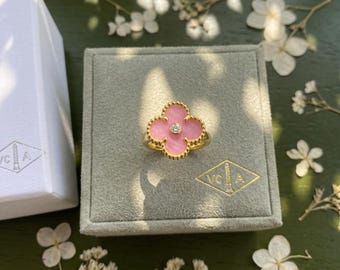 Van Cleef Pink Clover Adjustable Ring, Gold Rose Silver Plated Beaded Jewelry, Birthday Gift for Her