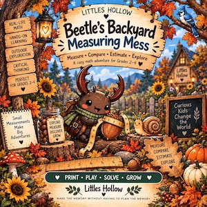 May include: A colorful educational poster titled Littles Hollow Beetle's Backyard Measuring Mess, featuring a cartoon beetle with a measuring tape, a snail, sunflowers, pumpkins, a wooden ruler, and text about math adventures for grades 2-4.