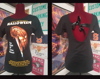 John Carpenters Halloween movie horror revamped tshirt sexy tied bow back available in XS S M or L spring sale