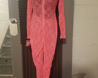Sexy hot pink mesh lace body suit full length, long sleeve size M spring summer sale