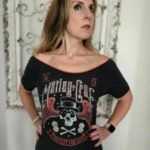 Motley Crue ladies handmade scoop neck off the shoulder top rock and roll heavy metal womens band tee band shirt