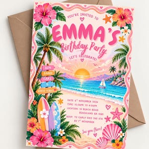 Può includere: Un biglietto d'invito rettangolare per una festa di compleanno con una scena di spiaggia tropicale, palme, tavole da surf, fiori di ibisco e un tramonto. Il testo recita: EMMA'S Birthday Party, LET'S CELEBRATE!, DATE: 6TH NOVEMBER 2026, TIME: 12:00PM TO 4:00PM, LOCATION: 10 BEACH ROAD BEACHLAND BA 4381, RSVP: TO CARLY 0412 345 678 BY 1ST NOVEMBER, See you there!