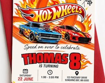 Peut inclure: Une carte d'invitation d'anniversaire rectangulaire avec le logo Hot Wheels, une voiture de course bleue et une rouge sur une piste avec des flammes, et une bordure à damier. Le texte indique Speed on over to celebrate, Thomas is turning 8, Saturday 22 June, 1:00 - 3:00 PM, 123 Raceway Drive, et RSVP to Mum 0412 345 678.