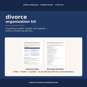 Può includere: Un kit digitale per l'organizzazione del divorzio che include una guida di benvenuto e una lista di controllo dei documenti. Il testo recita divorce organization kit, everything to gather, budget, and organize, e 5 files - tracker + 4 guides - by an attorney.