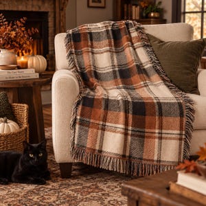 May include: A woven throw blanket featuring a plaid pattern in shades of cream, burnt orange, and dark charcoal gray. The blanket has a textured finish with decorative fringe detailing along the edges, draped over a light-colored upholstered armchair.