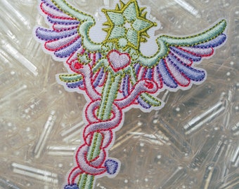 Magical Girl First Aid Caduceus staff Iron-On Embroidered Patch