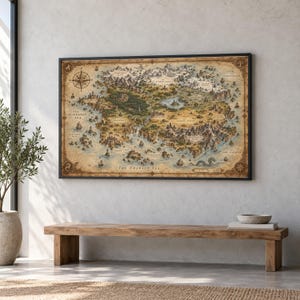 May include: A rectangular wall art print featuring a detailed fantasy map with a parchment-colored background. The map displays various geographical features including mountain ranges, forests, and bodies of water labeled The Emerald Sea.