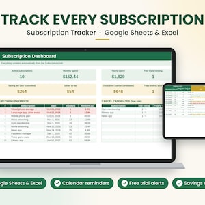 May include: A digital subscription tracker dashboard displayed on a laptop and tablet screen. The interface features tables for upcoming payments and cancel candidates, with text reading TRACK EVERY SUBSCRIPTION and Xlsideas.