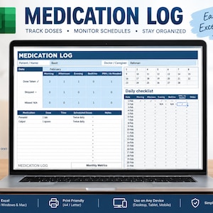Feuille de calcul numérique pour le suivi des médicaments | Organisateur de pilules : suivez vos doses, votre calendrier de prise de médicaments, outil de suivi Excel.