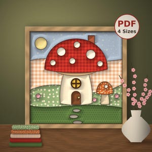 Peut inclure: Une illustration numérique encadrée carrée représentant une grande maison champignon à carreaux rouges et blancs avec une porte et une fenêtre rondes, sur un ciel bleu étoilé et un paysage floral vert, avec un petit champignon et une étiquette PDF 4 Sizes.
