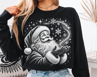 Vintage Santa Christmas Shirt, Black Christmas T Shirt, Retro Santa Tee, Christmas Gift for Women, Holiday Graphic Tee, Winter Shirt