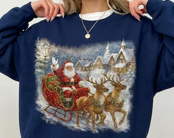 Vintage Christmas Shirt, Santa Sleigh Reindeer Sweatshirt, Retro Santa Claus T Shirt, Christmas Holiday Tee, Cozy Winter Gift