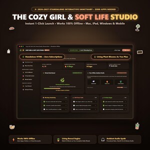 Cozy Girl Digital Planner 2026 2027 Interactive HTML Soft Life Studio Daily Routine Reading Habit Tracker iPad Mac Works Offline No Notion