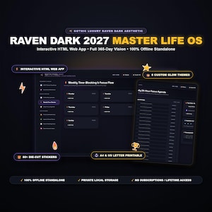 May include: Raven Dark 2027 Master Life OS interactive HTML web app featuring a dark interface with weekly time-blocking, focus flow, and daily 24-hour agenda views. Includes 6 custom glow themes, 60+ die-cut stickers, and A4 or US letter printables.