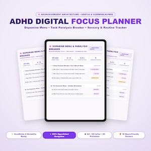 Puede incluir: Un planificador de enfoque digital en la pantalla de una tableta con texto morado sobre fondo blanco. La interfaz incluye secciones para un menú de dopamina, un rompedor de parálisis de tareas y rastreadores sensoriales y de rutina.