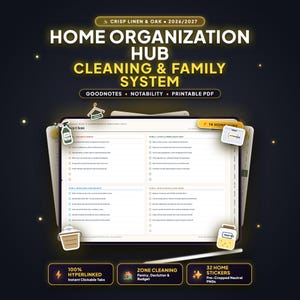 Può includere: Un hub digitale per l'organizzazione domestica e un sistema di pulizia per il 2026/2027 di Crisp Linen & Oak. L'interfaccia presenta schede cliccabili, liste di controllo per la pulizia a zone e 32 adesivi neutri pre-ritagliati per Goodnotes.