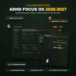 ADHD Digital Planner 2026 2027 Interactive Html Focus Dashboard, Gamified Life OS XP Habit Tracker, Daily Routine iPad Mac Works Offline