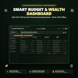 Może przedstawiać: Cyfrowy pulpit nawigacyjny finansów w ciemnej kolorystyce zatytułowany Smart Budget & Wealth Dashboard 2026-2027. Interfejs zawiera interaktywne sekcje dotyczące przepływów pieniężnych, stałych rachunków i wydatków zmiennych z danymi liczbowymi.