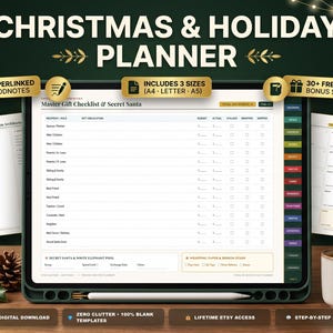 May include: A digital Christmas and holiday planner displayed on a tablet screen, featuring a Master Gift Checklist and Secret Santa table. The interface includes colorful side tabs, hyperlinked navigation, and text indicating 3 sizes, Goodnotes compatibility, and 30 plus free bonus stickers.