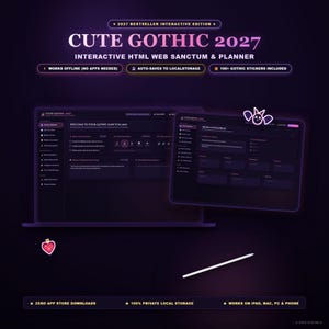 以下が含まれることがあります： CUTE GOTHIC 2027と題されたデジタルインタラクティブHTMLウェブサンクチュアリおよびプランナー。ノートパソコンとタブレットの画面に表示されています。インターフェースはダークパープルを基調とし、ピンクのテキスト、週間プランナー、ステッカー、アイコンが含まれています。