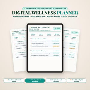 May include: A digital wellness planner displayed on a tablet screen, featuring a holistic wellness and daily mood matrix with sections for sleep, water, steps, and self-care rituals. The interface includes text headers, checkboxes, and data logs.