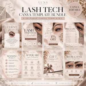 Könnte beinhalten: Ein digitales Set aus acht bearbeitbaren Canva-Vorlagen für Wimpernstylisten in neutralen Beigetönen. Die Designs enthalten Text für Kundenbewertungen, Terminbuchungen, Preislisten, Nachsorgehinweise, Geschenkgutscheine und Vorher-Nachher-Fotos.