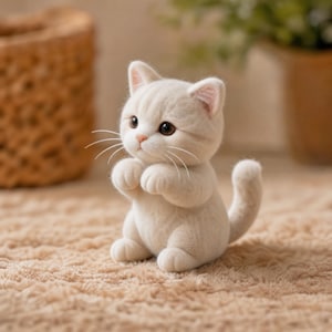Può includere: Una piccola statuetta di gatto in lana infeltrita color crema con testa arrotondata, occhi marrone scuro e naso rosa. Il gatto è raffigurato in posizione seduta con le zampe anteriori sollevate vicino al petto, con una superficie testurizzata.
