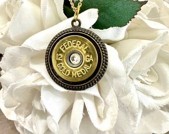 Antique Gold Brass 12 Gauge Shell/Bullet Pendant Necklace