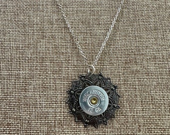 Silver Bullet Necklace with 12 Gauge Shell in Gunmetal Gray Filigree Setting