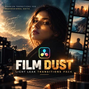 May include: A digital product pack titled FILM DUST LIGHT LEAK TRANSITIONS PACK featuring text that reads PREMIUM TRANSITIONS FOR PROFESSIONAL EDITS and Cinematic Looks Real Stories, with a central DaVinci Resolve icon and film strip graphics.