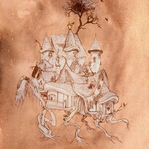 May include: A sepia-toned pen and ink illustration of a whimsical house with multiple turrets, a tree growing from the roof, and roots forming the base. The artwork features detailed linework and a fairytale aesthetic.