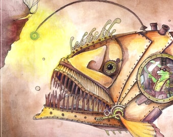 May include: A watercolor painting of a steampunk anglerfish with a frog inside the cockpit. The fish is made of metal and has a large mouth with sharp teeth. The frog is wearing a hat and goggles and is driving the fish.