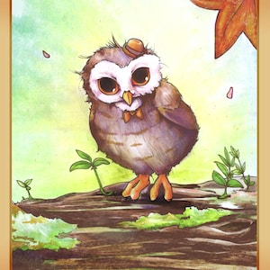 May include: A brown and white owl with large eyes wearing a small brown hat and a bow tie sits on a tree branch with green leaves and moss. The background is a light green and yellow watercolor wash with a single brown leaf in the upper right corner.