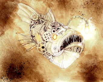 May include: A detailed illustration of a steampunk anglerfish with intricate gears and a glowing lightbulb on its lure. The fish is drawn in black and white on a brown, textured background.