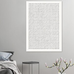 Puede incluir: Una impresión de arte mural rectangular blanca que presenta un patrón de cuadrícula repetitivo del carácter katakana japonés shi, representado en tinta negra. El diseño consta de múltiples filas y columnas del mismo carácter, creando un gráfico uniforme.