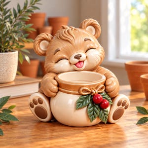 May include: A light brown bear figurine holding a cream-colored pot. The bear has a smiling face with closed eyes and a pink tongue. The pot is decorated with green leaves and two bright red berries tied with a brown bow detail.