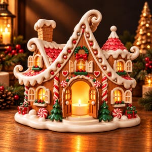 May include: A gingerbread house candle holder featuring a brown exterior with white icing trim, red roof tiles, and green accents. The structure includes arched windows, a central doorway with a lit tea light, and decorative candy details.