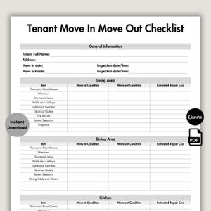 Tenant Move In Move Out Checklist, Printable Landlord Checklist, Walkthrough Inspection Checklist, Editable Form Instant Digital Download