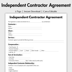 May include: A one-page Independent Contractor Agreement template with black text on a white background. The document includes fields for contractor and client details, services, compensation, payment methods, term, termination, and legal compliance.